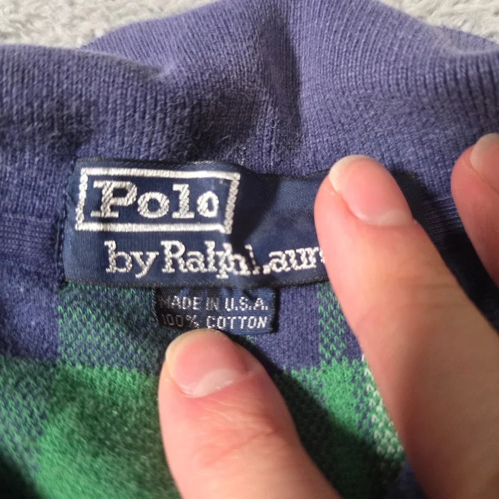 Polo Ralph Lauren Mens L Polo Shirt Green Navy Blue Plaid Short Sleeve Made USA